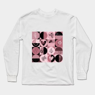 repeating geometry pattern, squares and circles, ornaments, black pink color tones Long Sleeve T-Shirt